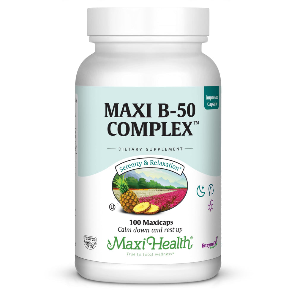 Maxi Health B-50 bottle front, highlighting high-potency B vitamins for daily energy support.