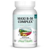 Maxi Health B-50 bottle front, highlighting high-potency B vitamins for daily energy support.