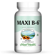 Maxi Health B-6 tablets bottle shows 100-count packaging for daily use.