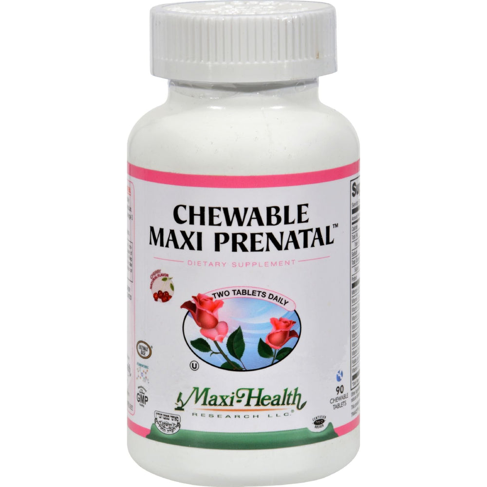 Maxi Health chewable prenatal multivitamins bottle supports mom's energy and baby's development.