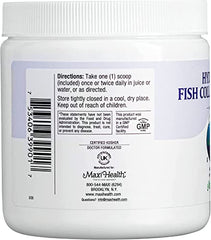 Close-up of Maxi Health collagen powder label highlighting marine origin and purity for skin hydration