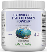 Maxi Health collagen powder tub front view with notes on skin and joints support