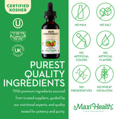 Maxi Health Liquid Iron Non-GMO Gluten-Free label signals vegetarian-friendly option