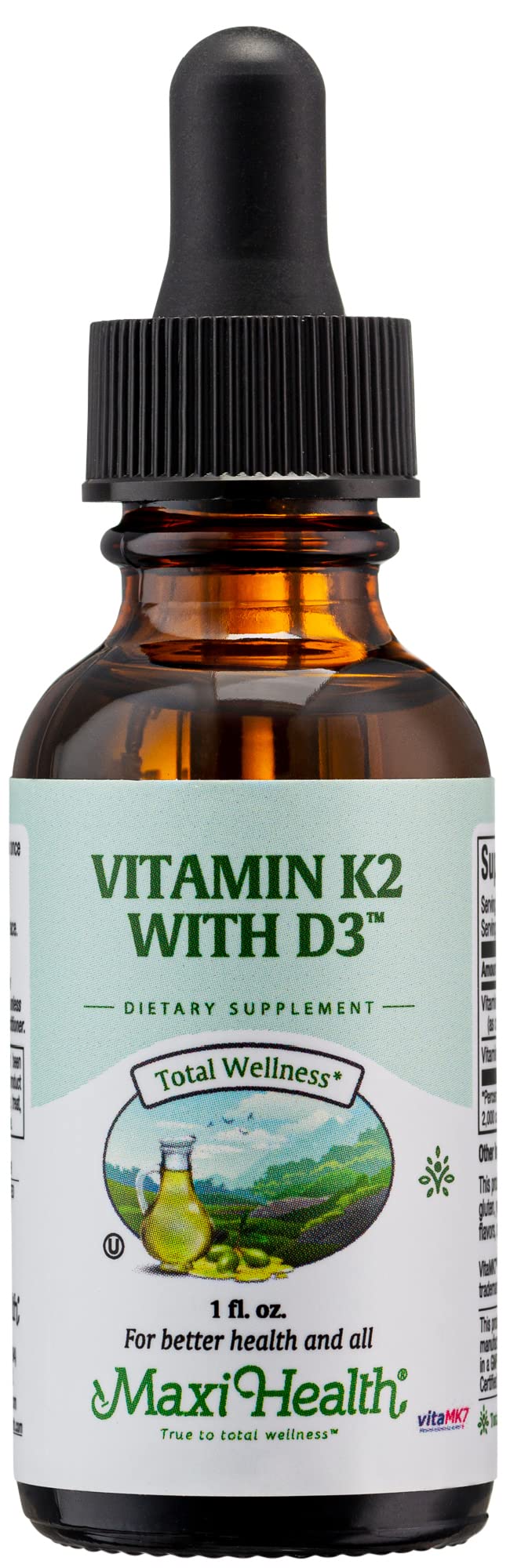 Maxi Health liquid D3 with K2 bottle drops for bone and heart support.