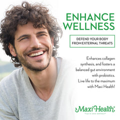 Boxed Maxi Health Lysine Complex packaging with 60 capsules and product details visible.