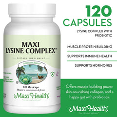 Label of Maxi Health Lysine Complex with probiotic Bifidobacterium bifido featured for gut support.
