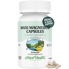 Maxi Health Magnesium Complex bottle shows the daily 300 mg blend for energy support.
