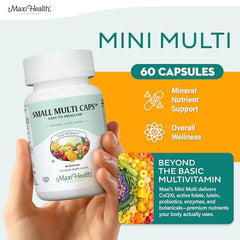 Maxi Health Multivitamin capsules close-up highlighting easy-to-swallow design.