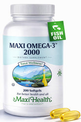 Maxi Health Omega-3 2000mg bottle highlighting wild-caught fish oil for heart and brain health.