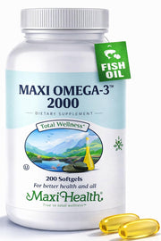Maxi Health Omega-3 2000mg bottle highlighting wild-caught fish oil for heart and brain health.