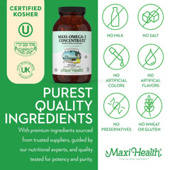 Maxi Health Omega-3 bottle on kitchen shelf for joint comfort and wellness.