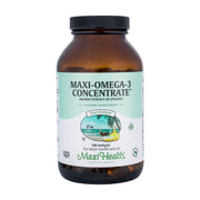 Maxi Health Omega-3 triple strength softgels bottle for daily heart and brain support.