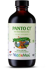 Close-up of Maxi Health Panto C elderberry drops ready to mix with drinks for kids.