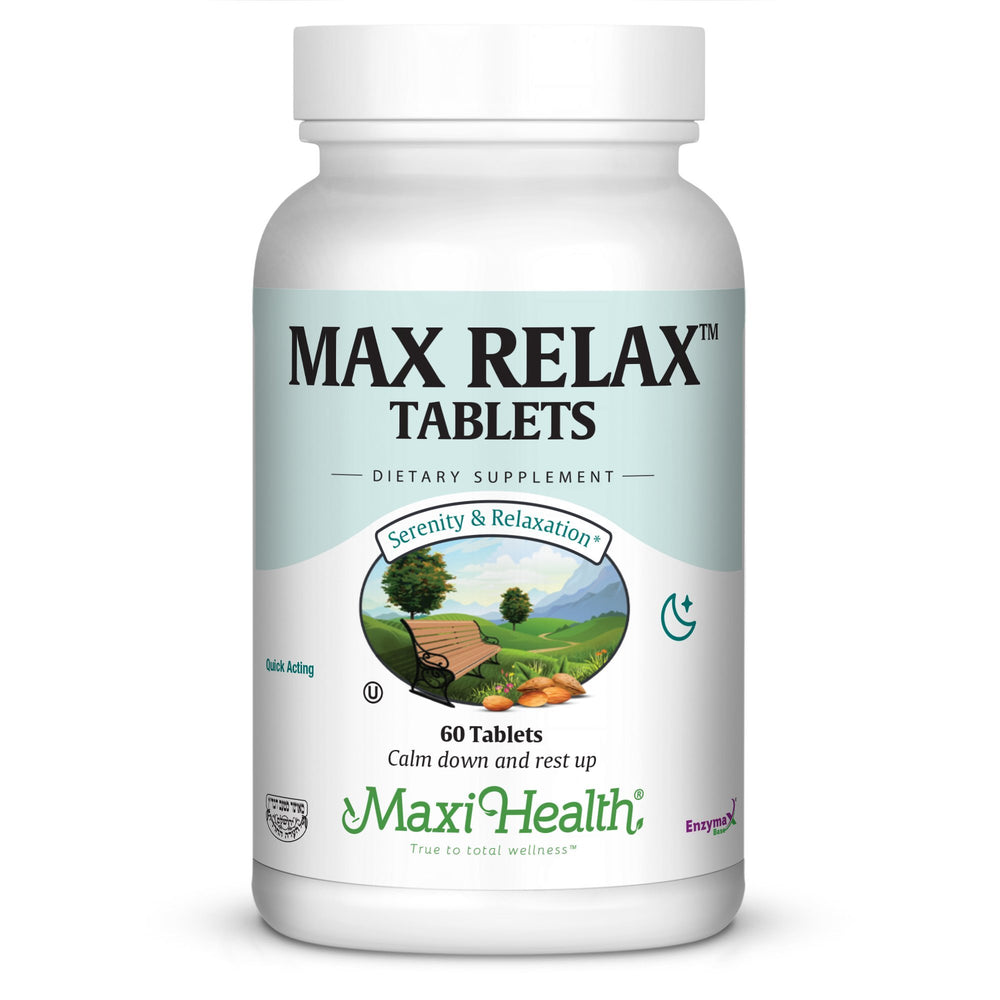 Maxi Health Stress Relief bottle promotes daily mood support with a clear label