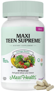Maxi Health front bottle view showing teen multivitamin and benefits