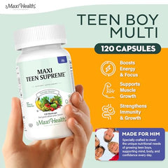 Close-up of Maxi Health Teen Supreme ingredients label showing 32 nutrients for teen health and daily energy.