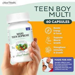 Maxi Health Teen Vitamins bottle side view highlighting contents for growing boys