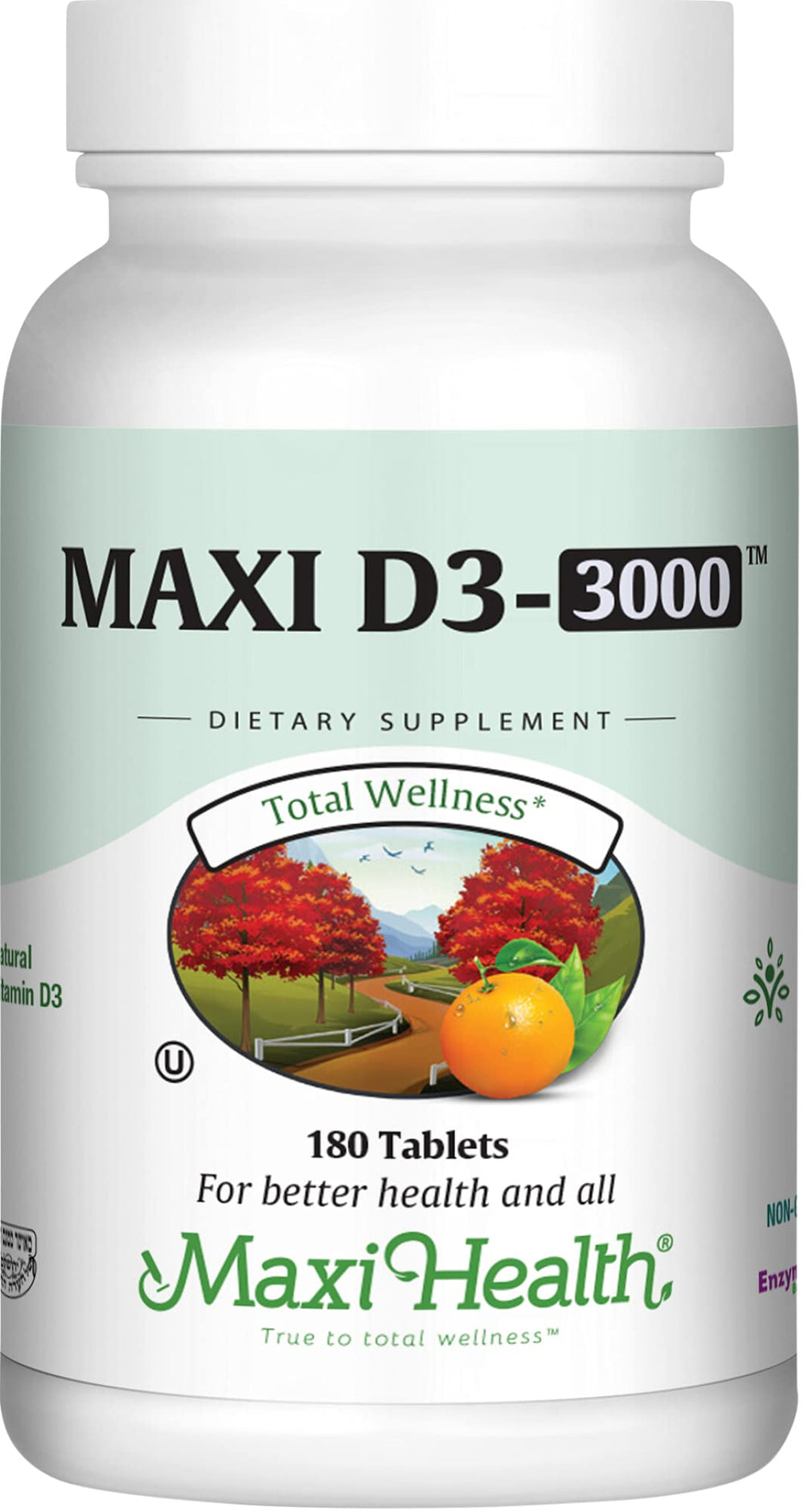 Maxi Health Vitamin D3 3000 IU bottle close-up highlights dosage and labeling for bone support