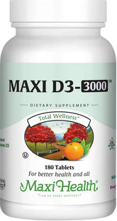 Maxi Health Vitamin D3 3000 IU bottle close-up highlights dosage and labeling for bone support