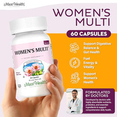Closeup of Maxi Health women's multivitamin capsules showing smooth texture.