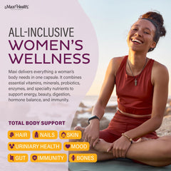 Label highlights essential vitamins, probiotics and enzymes in Maxi Health formula.