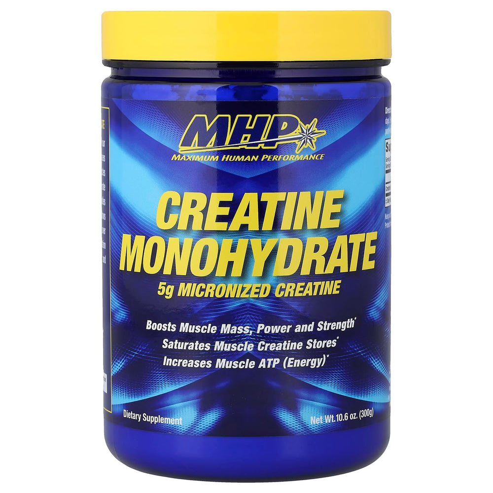 Maximum Human Performance MHP creatine monohydrate powder bottle for smooth mixing and strength support.