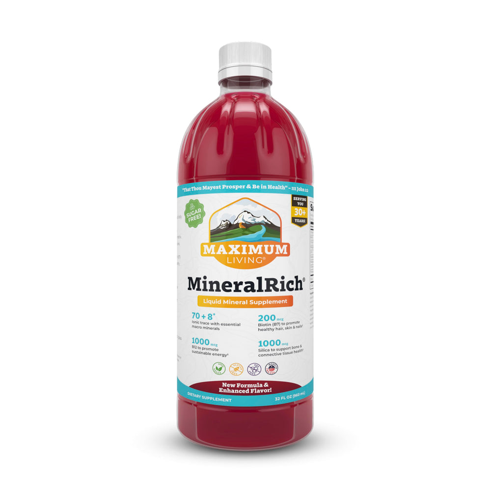 Maximum Living MineralRich bottle on counter showing sugar-free mineral support for daily wellness