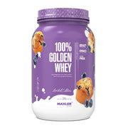 Maxler 100% Golden Whey blueberry muffin powder bottle close-up for post-workout recovery