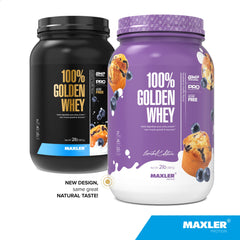 Maxler 100% Golden Whey blueberry muffin scoop with milk for easy mixing