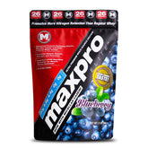 Max Muscle MaxPro Elite Blueberry whey powder packaging, 2 lb, supports muscle recovery.