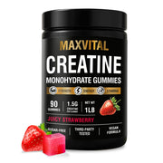 MAXVITAL Creatine Monohydrate Gummies jar front shows strawberry flavor for convenient workouts