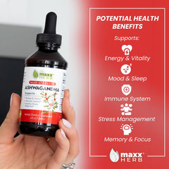 Maxx Herb Ashwagandha Drops liquid closeup highlighting concentrated, fast-absorbing tincture.