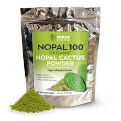 Maxx Herb Nopal powder packaging front highlights purity and vegan formulation for daily fiber