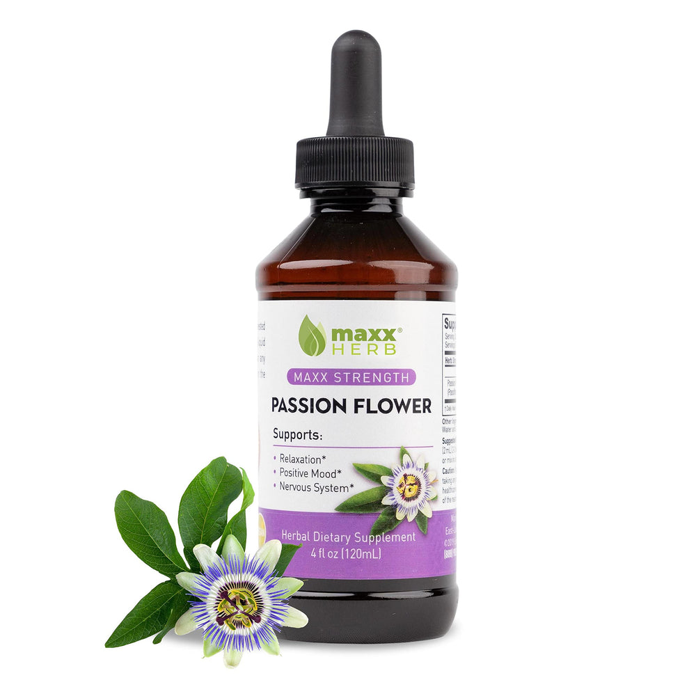 Maxx Herb Passion Flower Extract bottle emphasizing high-potency liquid for relaxation