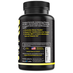 MaxX Labs Vitamin D3 K2 3000 IU bottle back lists ingredients and quality notes.