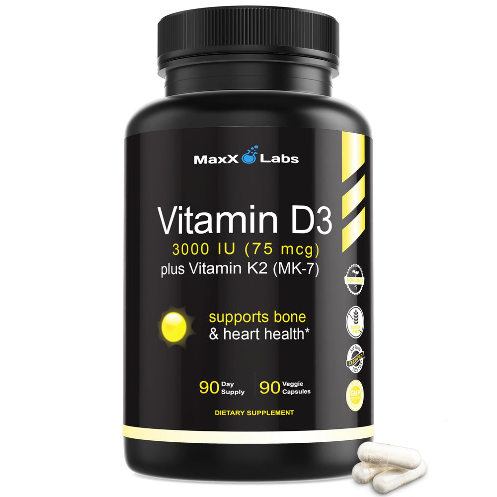 MaxX Labs Vitamin D3 K2 3000 IU bottle front shows gluten-free formula for daily wellness.