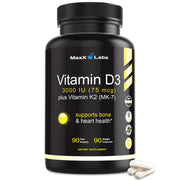 MaxX Labs Vitamin D3 K2 3000 IU bottle front shows gluten-free formula for daily wellness.