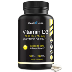 MaxX Labs Vitamin D3 K2 3000 IU bottle front shows gluten-free formula for daily wellness.