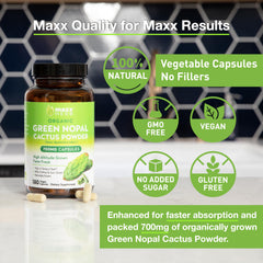 Close-up of Maxx Herb capsules, representing easy daily dosage with water.