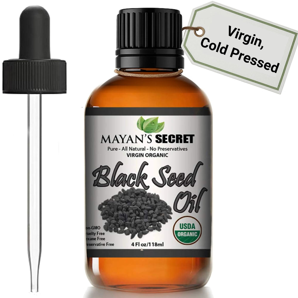 Mayan's Secret black cumin oil bottle showing organic virgin quality for skin and hair