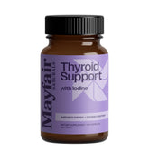 Mayfair Naturals Thyroid Support bottle on counter highlighting USA-made, non-GMO formula for daily energy.