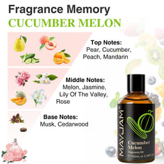 Close-up of the MAYJAM label highlighting cucumber melon scent notes.