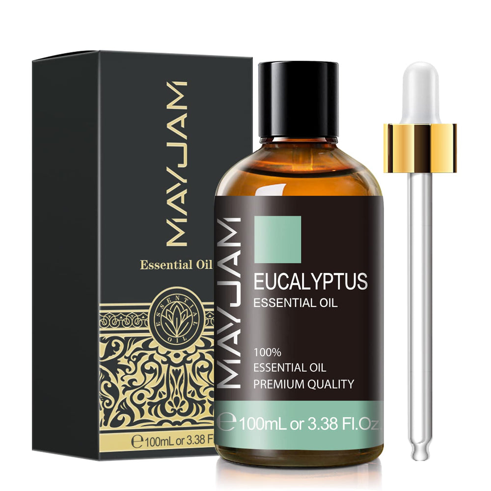 MAYJAM Eucalyptus essential oil bottle with dropper for precise, refreshing aromatherapy.