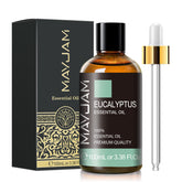 MAYJAM Eucalyptus essential oil bottle with dropper for precise, refreshing aromatherapy.