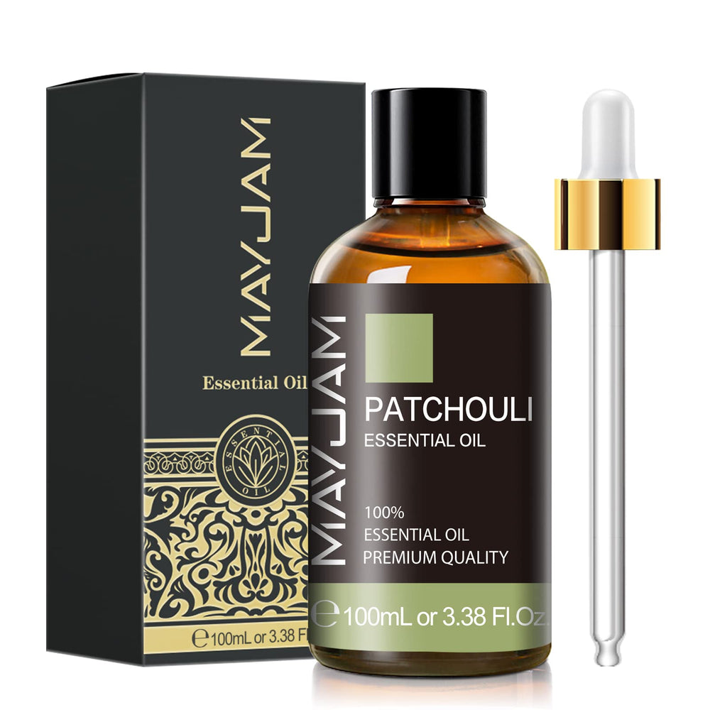 MAYJAM Patchouli essential oil in an amber glass bottle for grounding aroma.