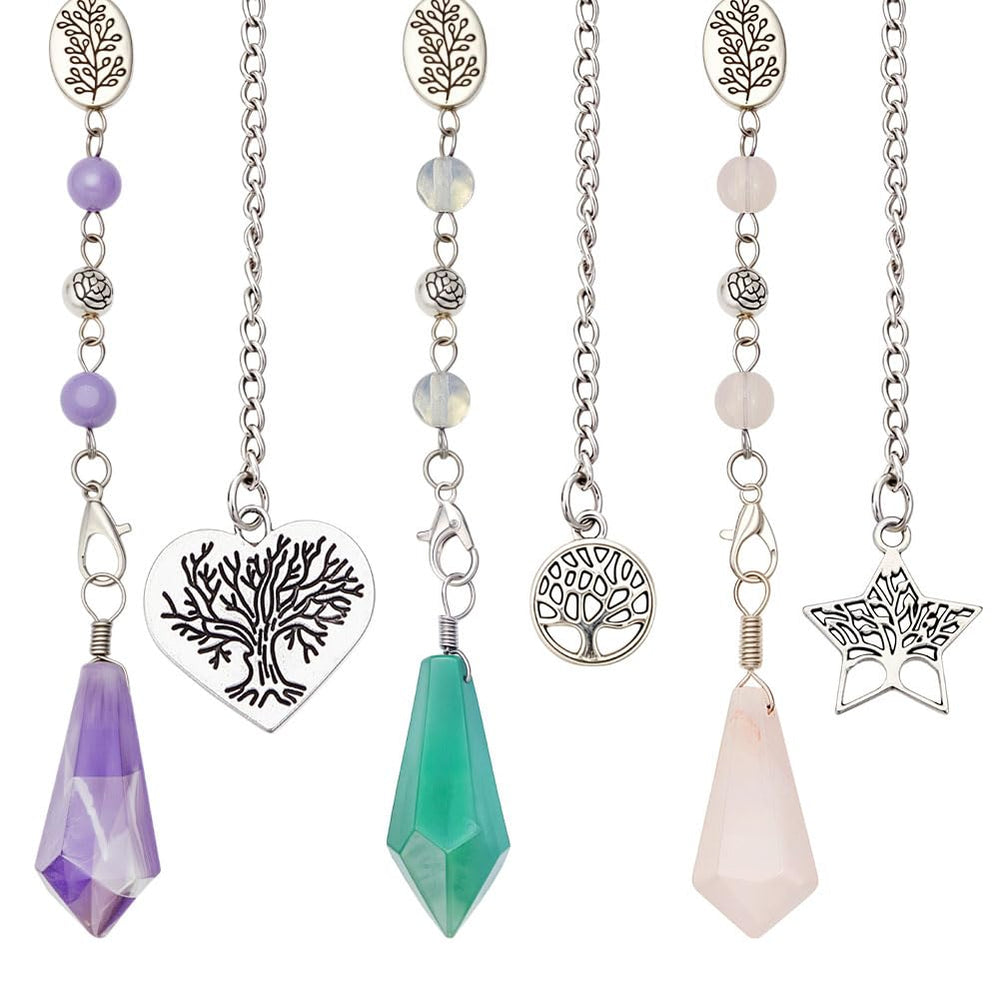 MAYJOYDIY amethyst rose quartz pendulum top detail with charms, ideal for meditation and divination.