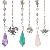 MAYJOYDIY amethyst rose quartz pendulum top detail with charms, ideal for meditation and divination.