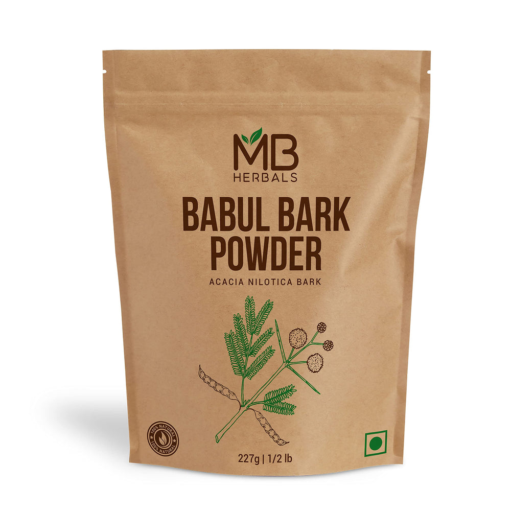MB Herbals Babul Bark Powder bottle, showcasing natural packaging for traditional hair and toothcare.
