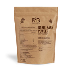 MB Herbals Babul Bark Powder jar closeup, highlighting wildcrafted ingredient for DIY routines.
