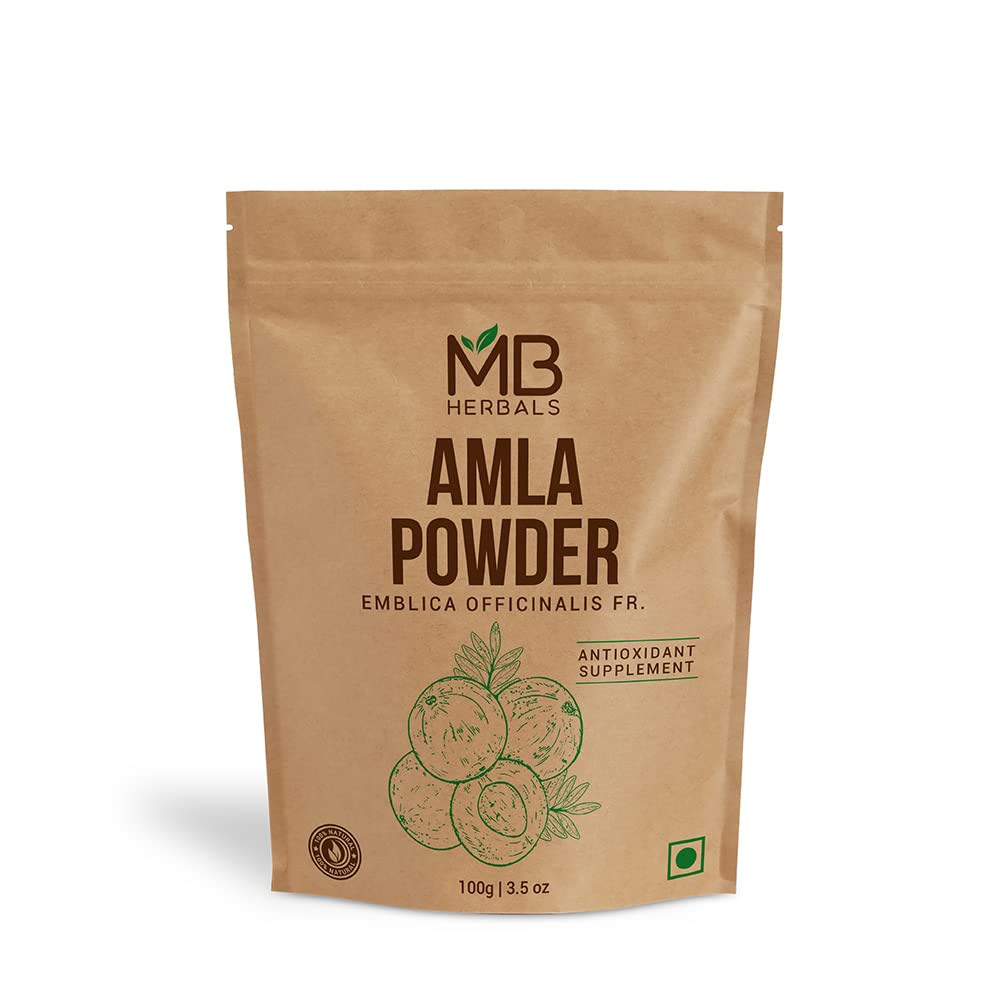 MB Herbals Seedless Amla Powder in a jar shows pure Indian gooseberry for daily smoothie boosters